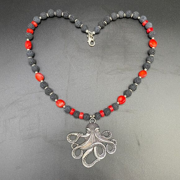 Octopus Necklace with Lava & Coral Beads by Neanie-Bot - Picture 6 of 6
